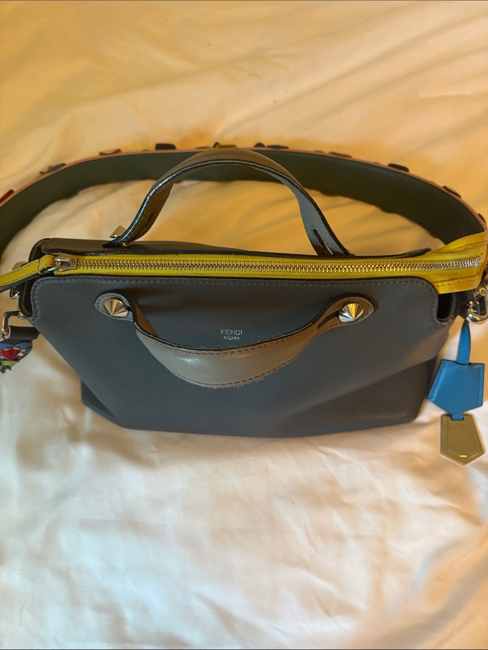 Fendi Gray Leather “by the way” Crossbody with Multicolor leather Floral Strap. - Picture 2 of 8